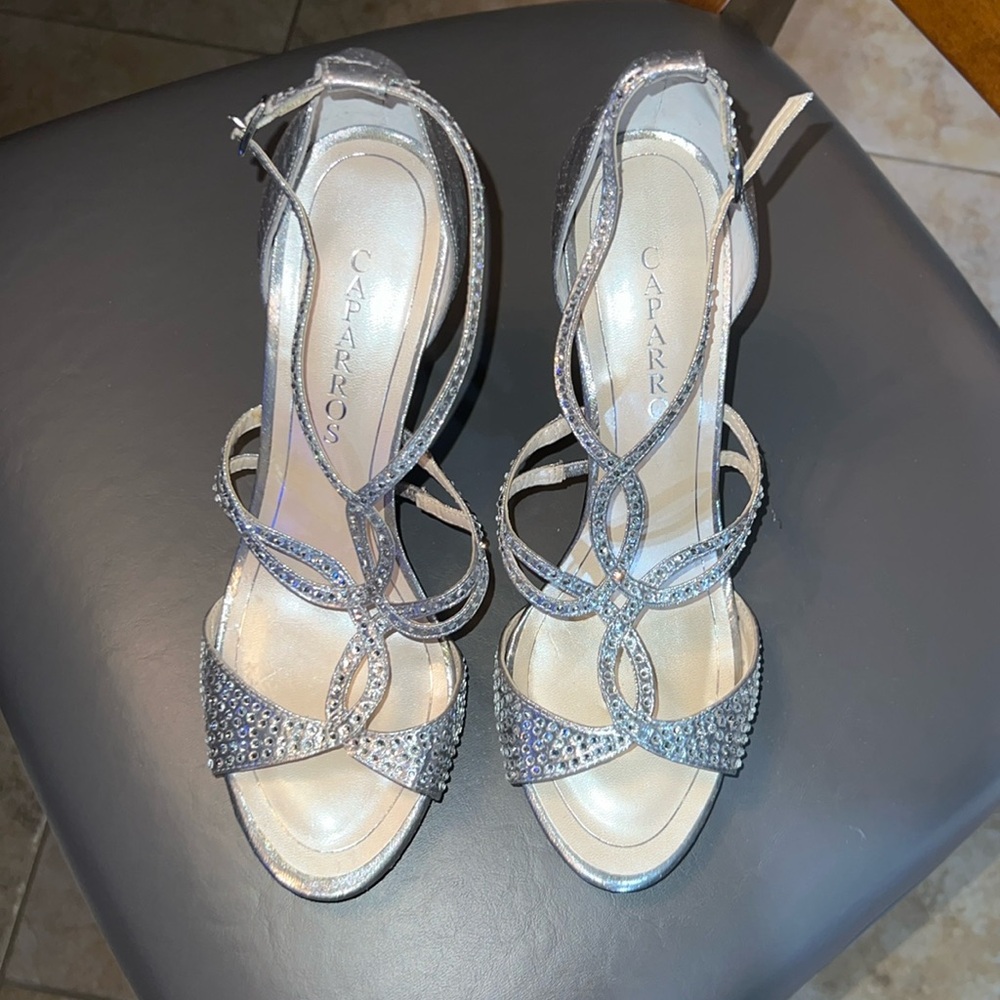 Silver Rhinestone Sandal Heels, Size 10. Caparros